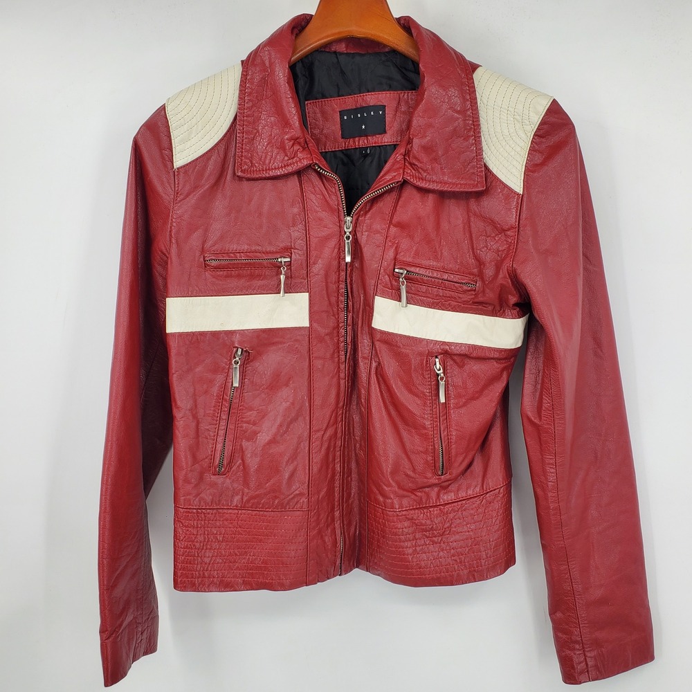 Vintage Y2K Sisley Red Leather Jacket Moto Biker Racing Red White Womens L 2000s